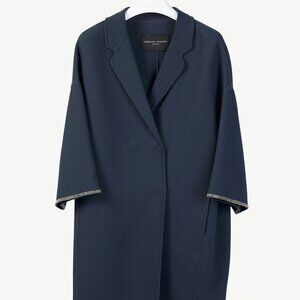 Fabiana Filippi Navy Twill Bead-Trim Double-Breasted Coat